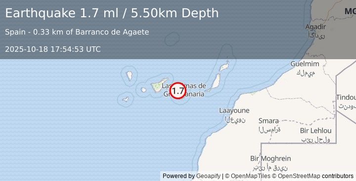 Earthquake CANARY ISLANDS, SPAIN REGION (1.7 ml) (2025-10-18 17:54:53 UTC)