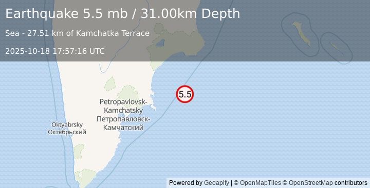 Earthquake OFF EAST COAST OF KAMCHATKA (5.5 mb) (2025-10-18 17:57:11 UTC)
