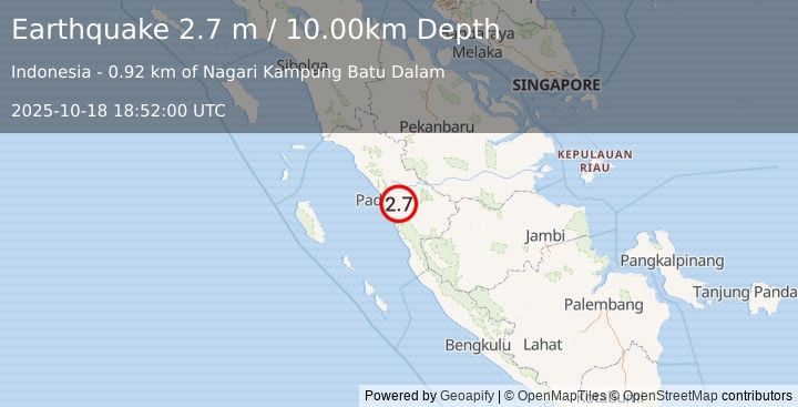 Earthquake SOUTHERN SUMATRA, INDONESIA (2.7 m) (2025-10-18 18:52:00 UTC)