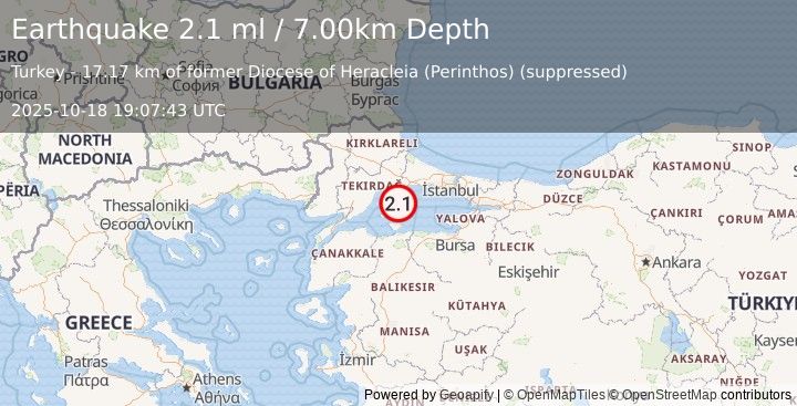 Earthquake WESTERN TURKEY (2.1 ml) (2025-10-18 19:07:43 UTC)