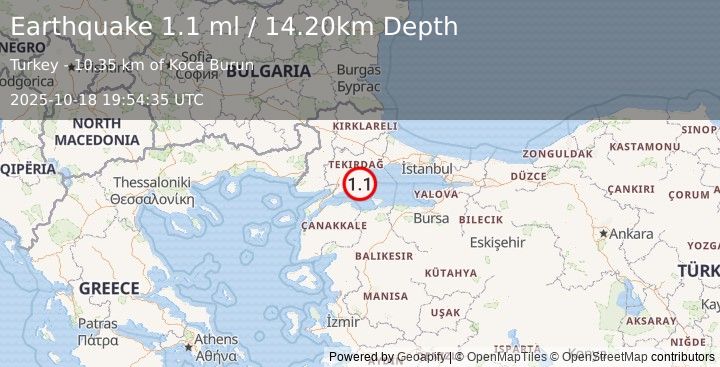 Earthquake WESTERN TURKEY (1.1 ml) (2025-10-18 19:54:35 UTC)