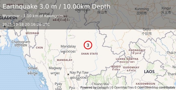 Earthquake MYANMAR (3.0 m) (2025-10-18 20:16:26 UTC)