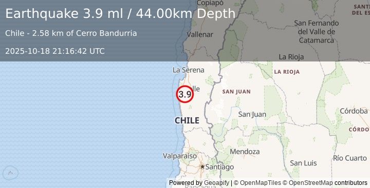 Earthquake COQUIMBO, CHILE (4.0 ml) (2025-10-18 21:16:41 UTC)