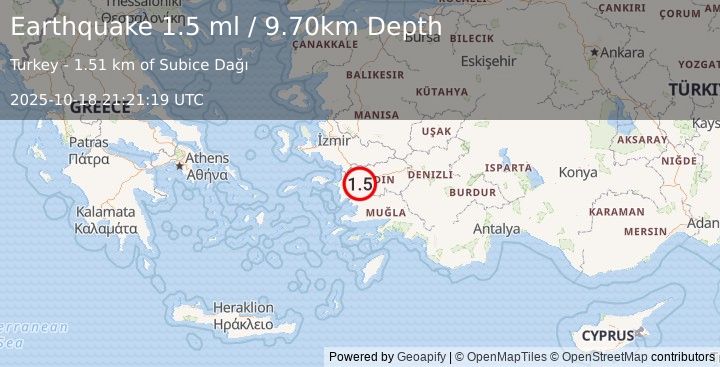 Earthquake WESTERN TURKEY (1.5 ml) (2025-10-18 21:21:19 UTC)