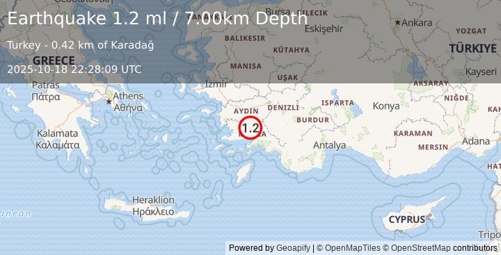 Earthquake WESTERN TURKEY (1.2 ml) (2025-10-18 22:28:09 UTC)
