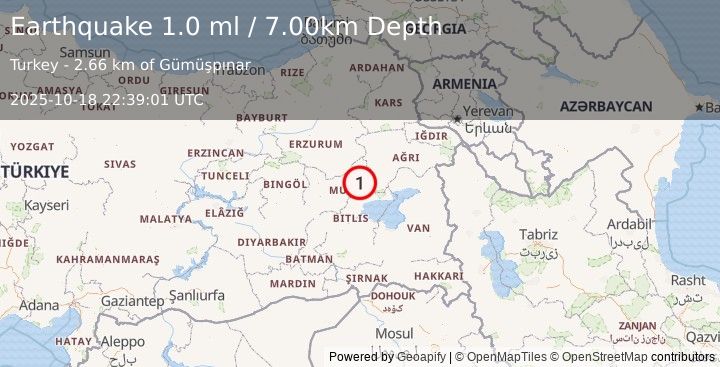 Earthquake EASTERN TURKEY (1.0 ml) (2025-10-18 22:39:01 UTC)
