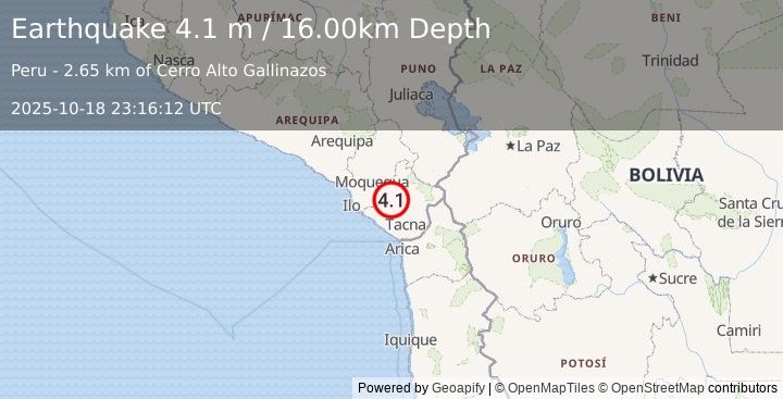 Earthquake SOUTHERN PERU (4.1 m) (2025-10-18 23:16:12 UTC)
