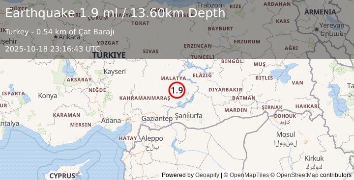 Earthquake EASTERN TURKEY (1.9 ml) (2025-10-18 23:16:43 UTC)