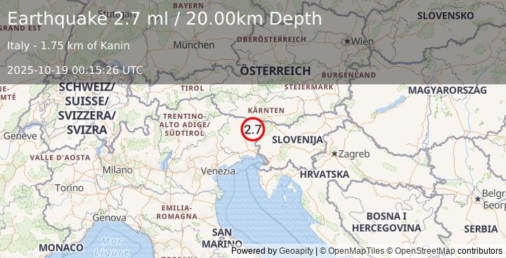Earthquake NORTHERN ITALY (2.7 ml) (2025-10-19 00:15:26 UTC)
