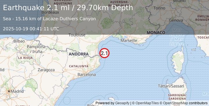 Earthquake PYRENEES (2.1 ml) (2025-10-19 00:41:11 UTC)