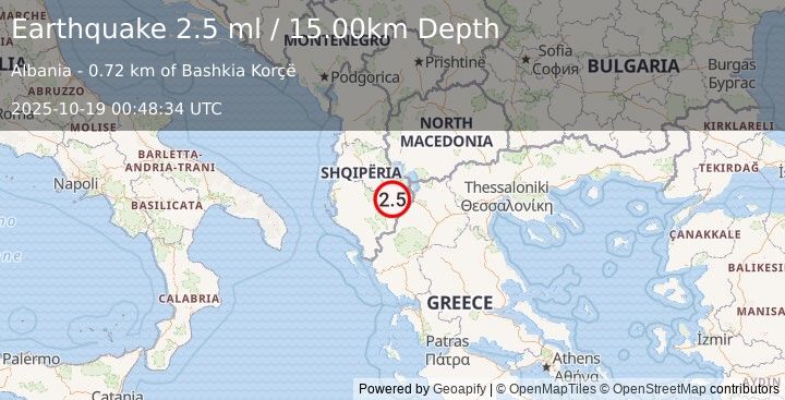 Earthquake ALBANIA (2.5 ml) (2025-10-19 00:48:34 UTC)