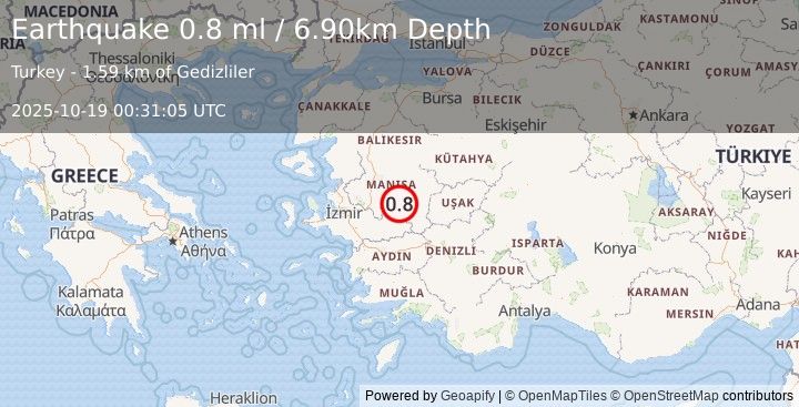 Earthquake WESTERN TURKEY (0.8 ml) (2025-10-19 00:31:05 UTC)