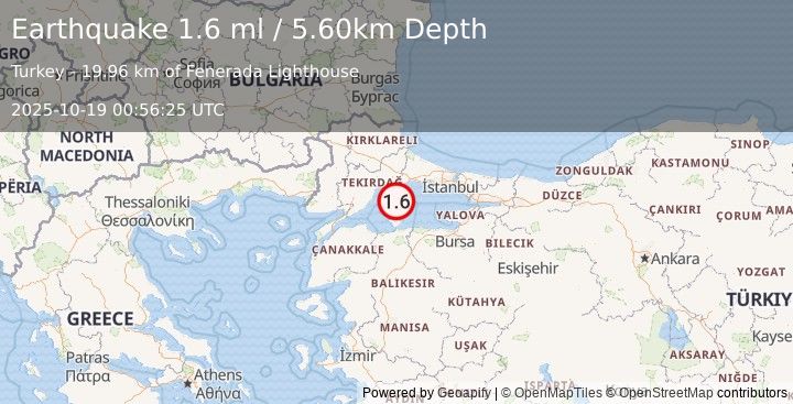 Earthquake WESTERN TURKEY (1.6 ml) (2025-10-19 00:56:24 UTC)