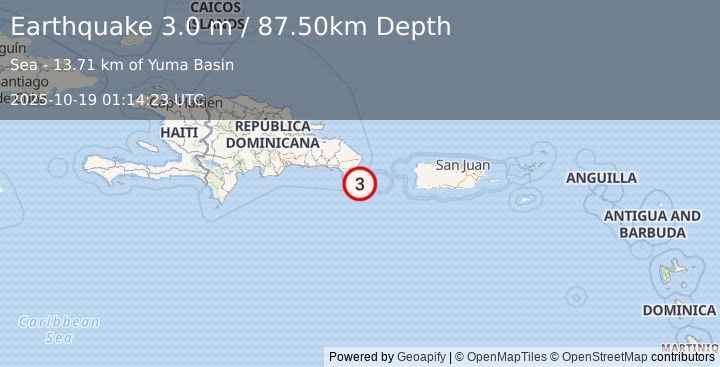 Earthquake DOMINICAN REPUBLIC REGION (3.0 m) (2025-10-19 01:14:23 UTC)
