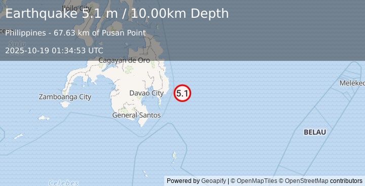 Earthquake PHILIPPINE ISLANDS REGION (5.2 mw) (2025-10-19 01:34:51 UTC)