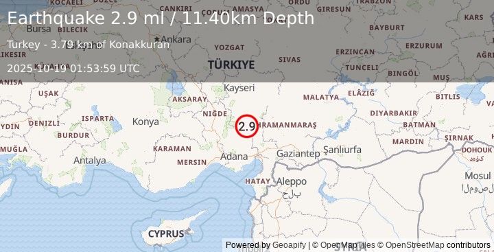 Earthquake CENTRAL TURKEY (2.9 ml) (2025-10-19 01:53:59 UTC)