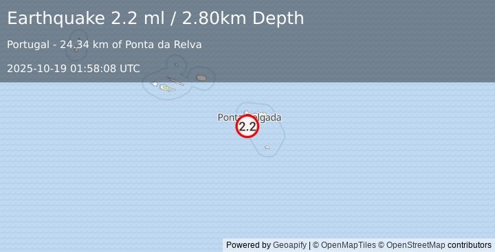 Earthquake AZORES ISLANDS, PORTUGAL (2.2 ml) (2025-10-19 01:58:08 UTC)