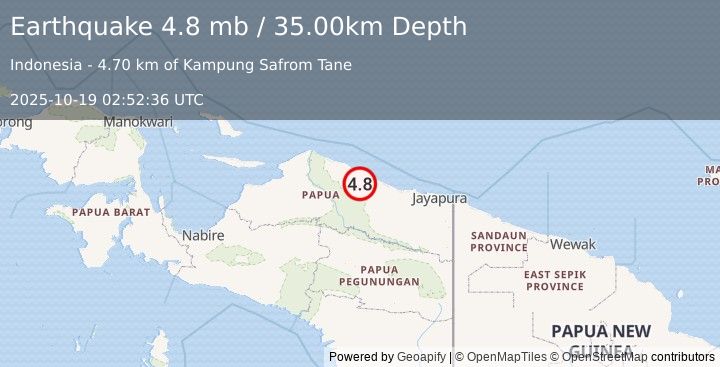 Earthquake PAPUA, INDONESIA (4.8 mb) (2025-10-19 02:52:36 UTC)