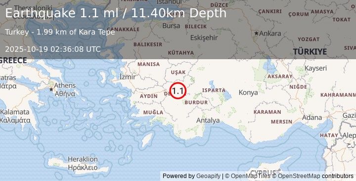 Earthquake WESTERN TURKEY (1.1 ml) (2025-10-19 02:36:08 UTC)
