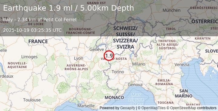 Earthquake NORTHERN ITALY (1.9 ml) (2025-10-19 03:25:35 UTC)
