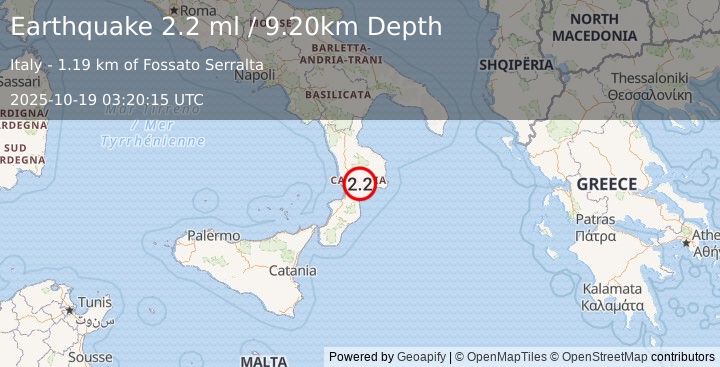 Earthquake SOUTHERN ITALY (2.2 ml) (2025-10-19 03:20:15 UTC)