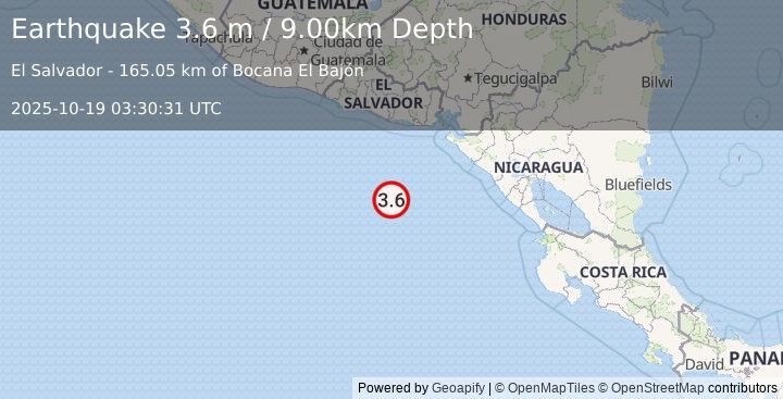 Earthquake OFF COAST OF CENTRAL AMERICA (3.6 m) (2025-10-19 03:30:31 UTC)