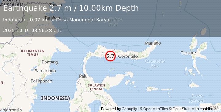 Earthquake MINAHASA, SULAWESI, INDONESIA (2.7 m) (2025-10-19 03:56:38 UTC)