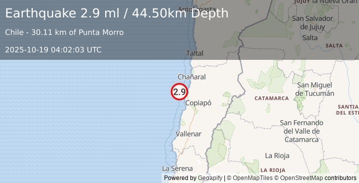Earthquake OFFSHORE ATACAMA, CHILE (2.9 ml) (2025-10-19 04:02:03 UTC)