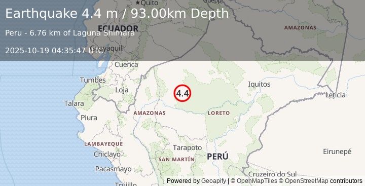 Earthquake NORTHERN PERU (3.9 ml) (2025-10-19 04:35:49 UTC)