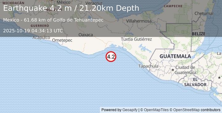 Earthquake OFFSHORE OAXACA, MEXICO (4.2 m) (2025-10-19 04:34:13 UTC)