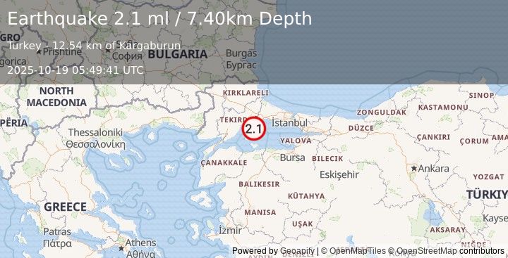 Earthquake WESTERN TURKEY (2.1 ml) (2025-10-19 05:49:41 UTC)
