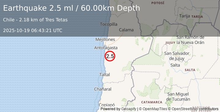 Earthquake ANTOFAGASTA, CHILE (2.5 ml) (2025-10-19 06:43:21 UTC)
