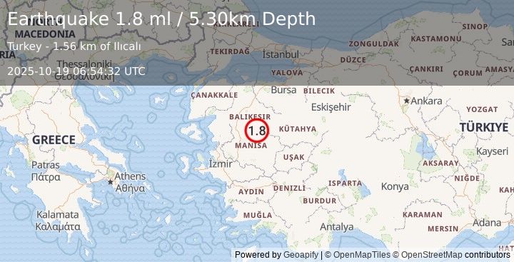 Earthquake WESTERN TURKEY (1.8 ml) (2025-10-19 06:54:32 UTC)