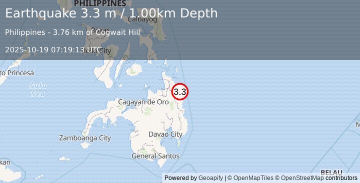 Earthquake MINDANAO, PHILIPPINES (3.3 m) (2025-10-19 07:19:13 UTC)