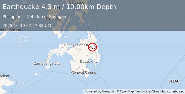 Earthquake MINDANAO, PHILIPPINES (4.3 m) (2025-10-19 07:57:33 UTC)