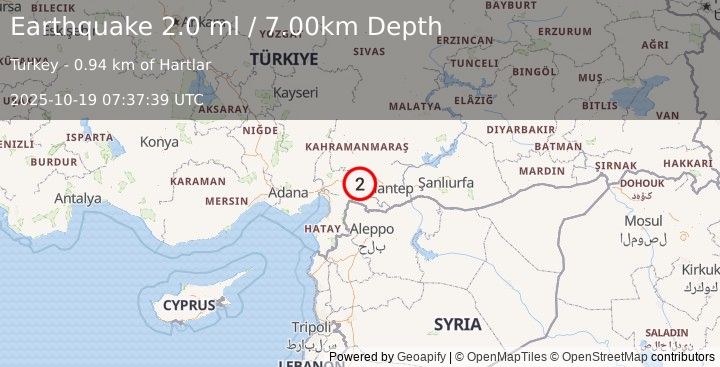 Earthquake CENTRAL TURKEY (2.0 ml) (2025-10-19 07:37:39 UTC)