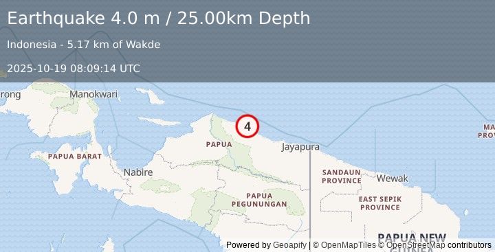 Earthquake NEAR N COAST OF PAPUA, INDONESIA (4.0 m) (2025-10-19 08:09:14 UTC)
