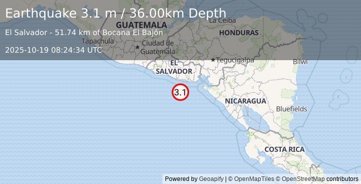Earthquake OFFSHORE EL SALVADOR (3.1 m) (2025-10-19 08:24:34 UTC)