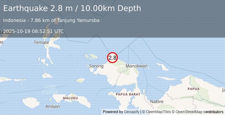 Earthquake NEAR N COAST OF PAPUA, INDONESIA (2.8 m) (2025-10-19 08:52:51 UTC)