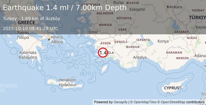 Earthquake WESTERN TURKEY (1.4 ml) (2025-10-19 08:41:28 UTC)