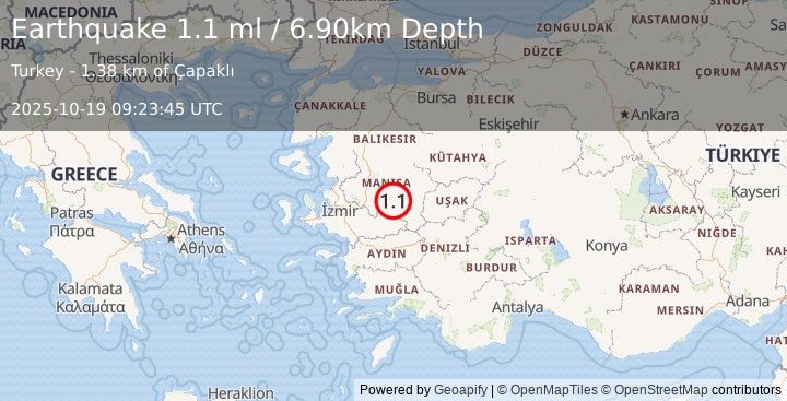 Earthquake WESTERN TURKEY (1.1 ml) (2025-10-19 09:23:45 UTC)