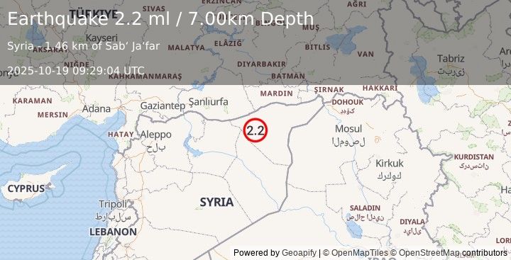 Earthquake SYRIA (2.2 ml) (2025-10-19 09:29:08 UTC)