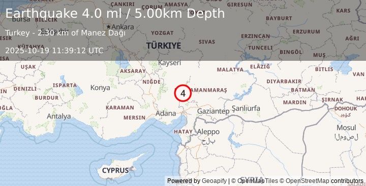 Earthquake CENTRAL TURKEY (4.0 mw) (2025-10-19 11:39:10 UTC)