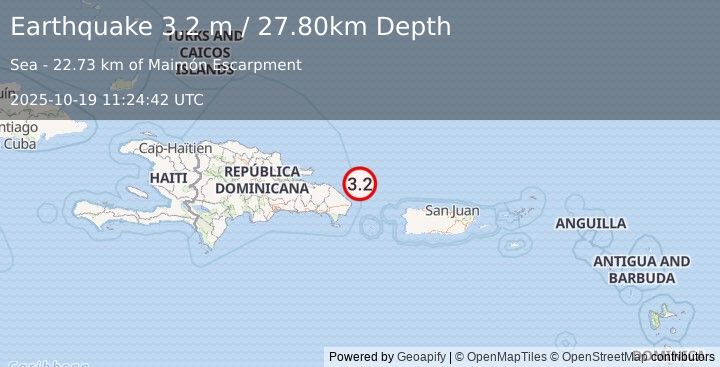Earthquake DOMINICAN REPUBLIC REGION (3.4 md) (2025-10-19 11:24:45 UTC)