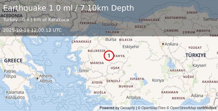 Earthquake WESTERN TURKEY (1.0 ml) (2025-10-19 12:00:12 UTC)