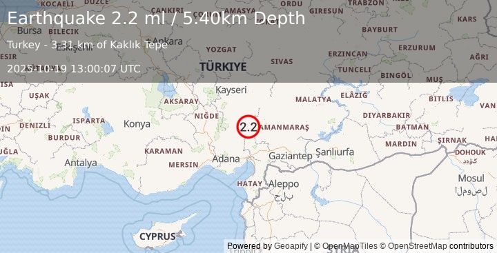 Earthquake CENTRAL TURKEY (2.2 ml) (2025-10-19 13:00:07 UTC)