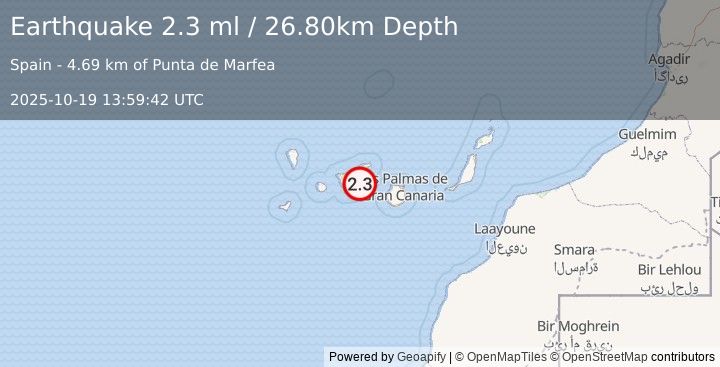 Earthquake CANARY ISLANDS, SPAIN REGION (2.3 ml) (2025-10-19 13:59:42 UTC)