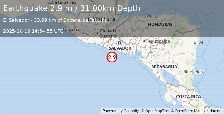 Earthquake OFFSHORE EL SALVADOR (2.9 m) (2025-10-19 14:54:55 UTC)