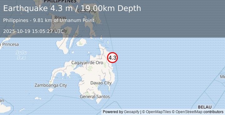 Earthquake MINDANAO, PHILIPPINES (4.3 m) (2025-10-19 15:05:27 UTC)