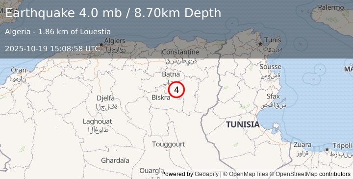 Earthquake NORTHERN ALGERIA (4.0 mb) (2025-10-19 15:08:58 UTC)